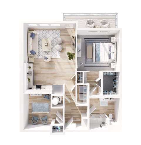 A top-down view of a modern apartment layout with a kitchen, living room, and bedrooms.